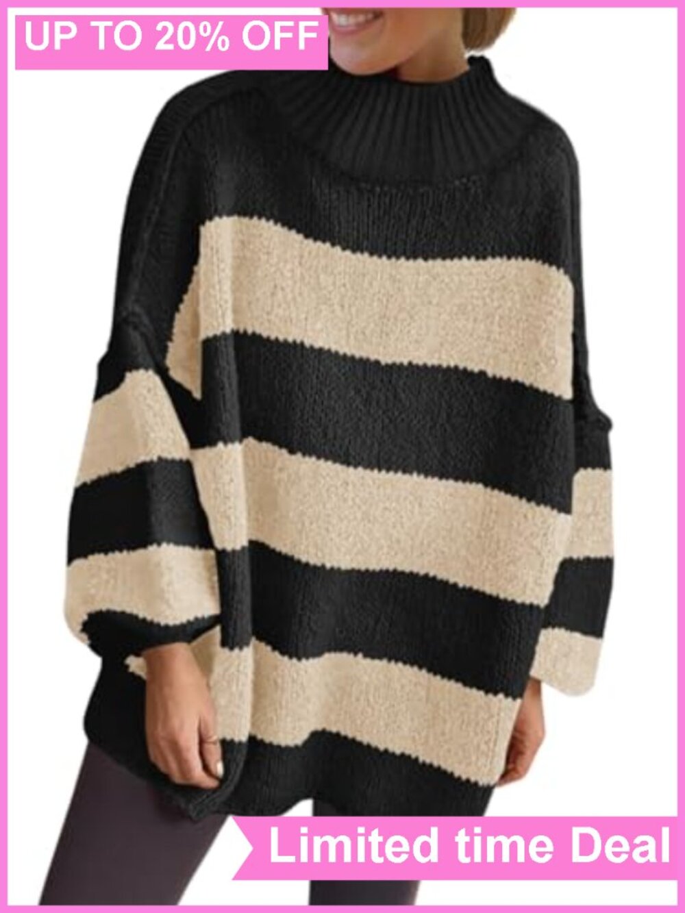 Oversized Striped Mock Neck Chunky Knit Sweater Pullover